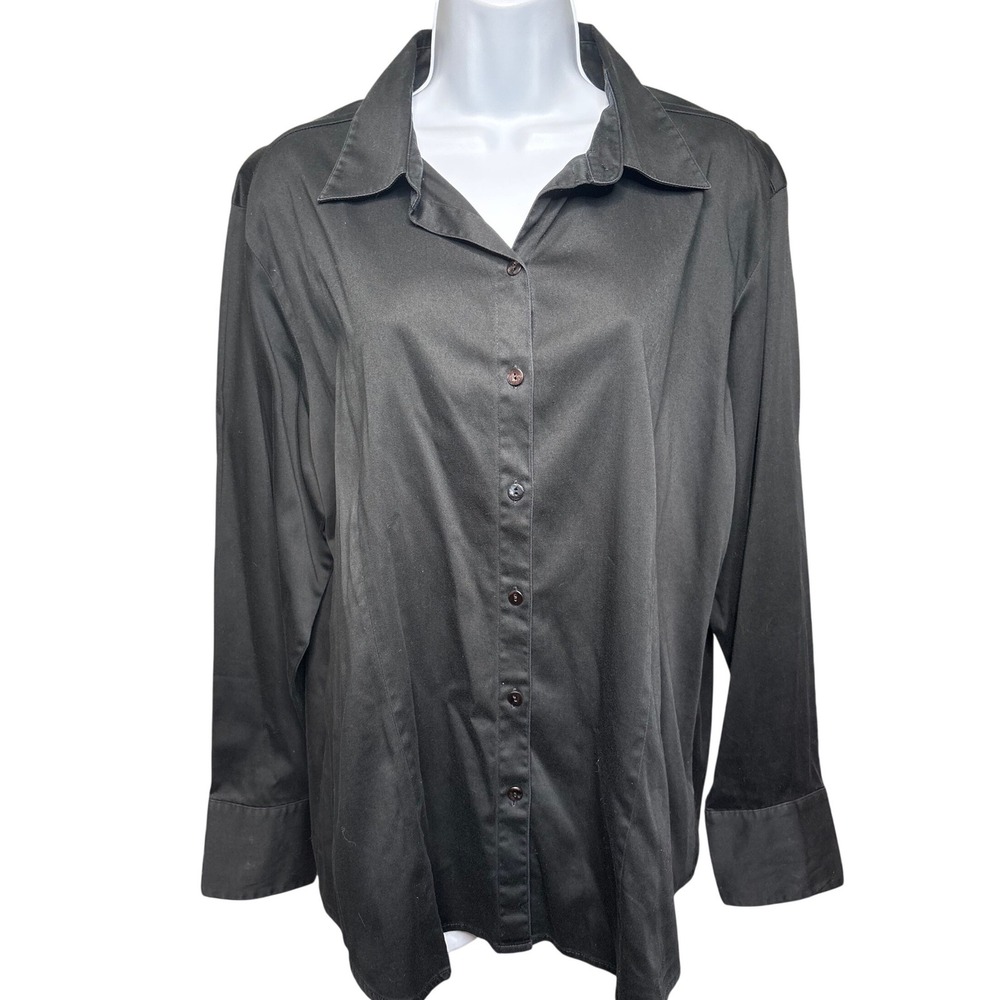 CHICO'S Black Button Down Long Sleeve Shirt Sz 3/XL Stretchy Office Versatile